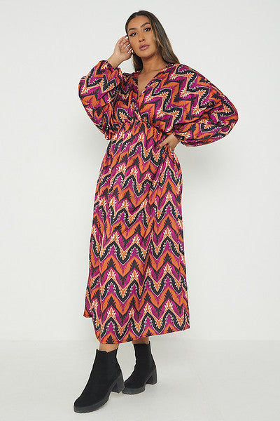 Burnt orange geo 2025 print satin maxi dress