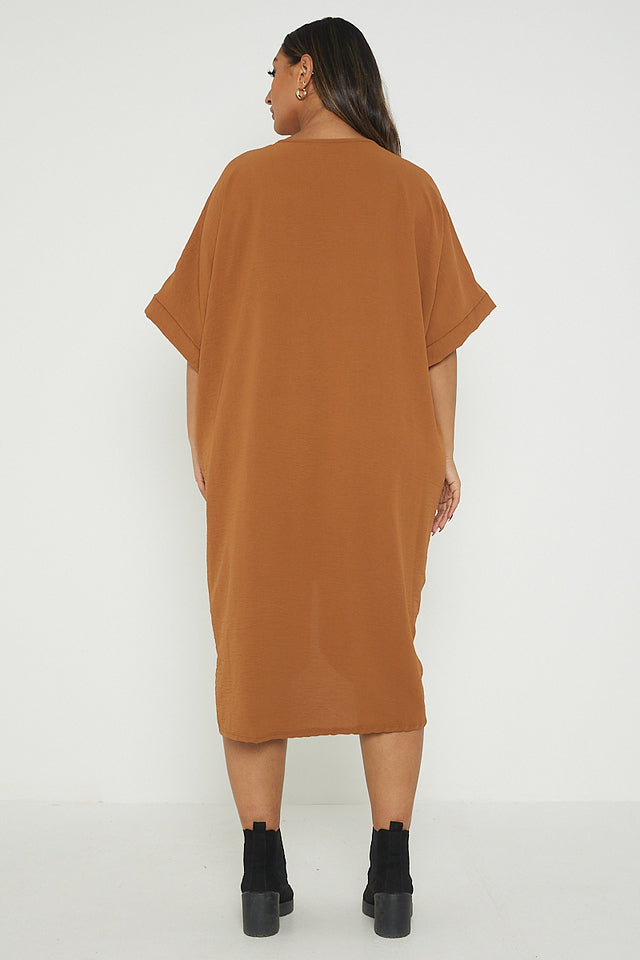 One Size Twist Front Mid Sleeve Midi Tunic Dress