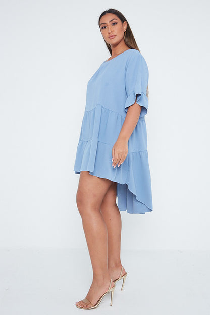 One Size Blue Tiered Asymmetric Hem Mini Dress