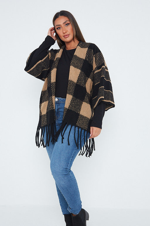 One Size Beige Check Detail Poncho