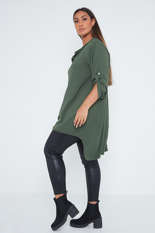 One Size Turn Up Sleeve Tunic Blouse Top