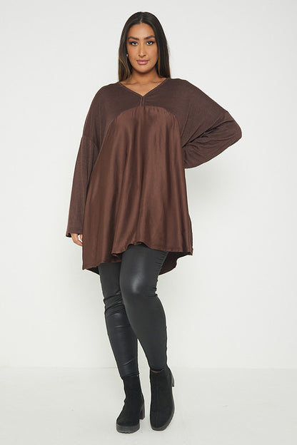 One Size V Neck Knitted Top With Satin Front