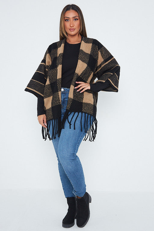 One Size Beige Check Detail Poncho