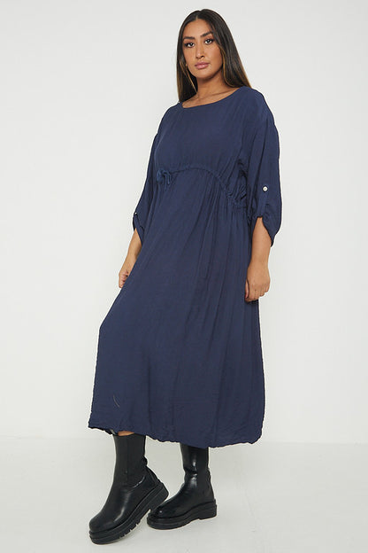 One Size  Crepe Turn Up Sleeve Pocket Midi Long Dress