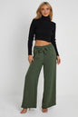 Elasticated Waist Belted Straight Flare Crepe Trousers