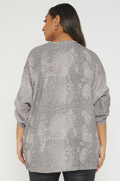 One Size Snake Print Twist Front Turn Up Sleeve Blouse