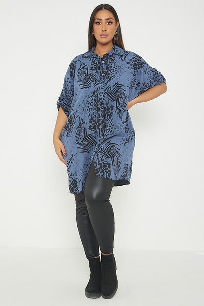 One Size Animal Print Turn Up Sleeve Shirt With Pockets