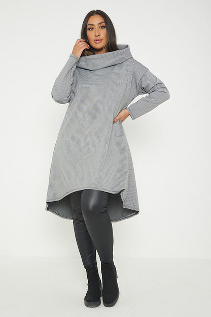 One Size Check Hooded Long Roll neck Top