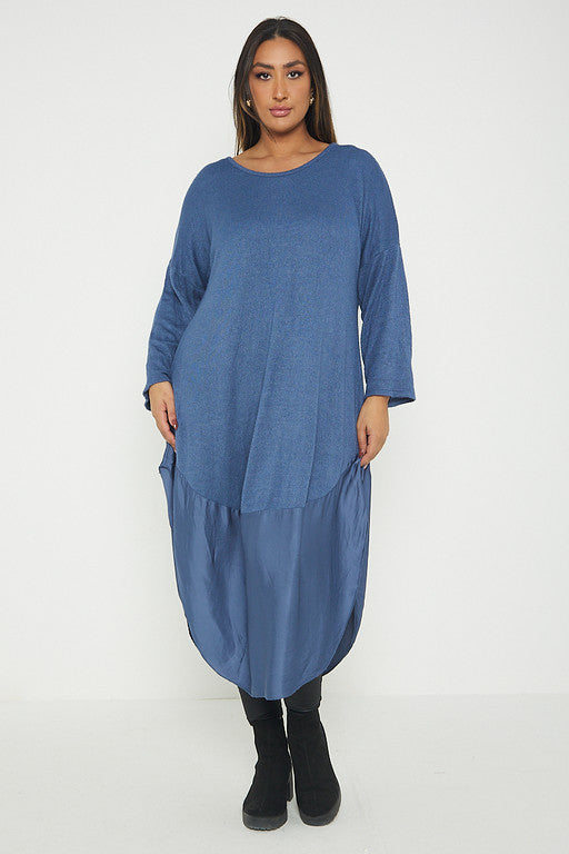 One Size Round Neck Knitted Jumper Dress With Satin Hem