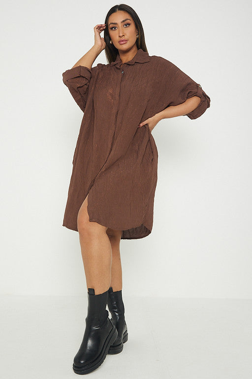 One Size Crinkle Button Turn Up Sleeve Pocket Shirt Dress