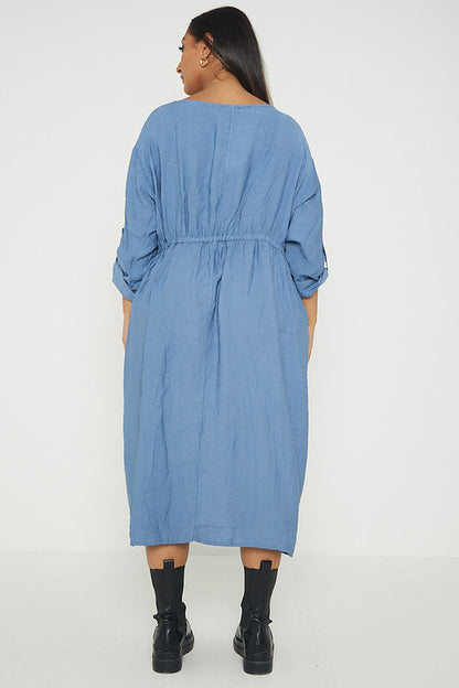 One Size  Crepe Turn Up Sleeve Pocket Midi Long Dress
