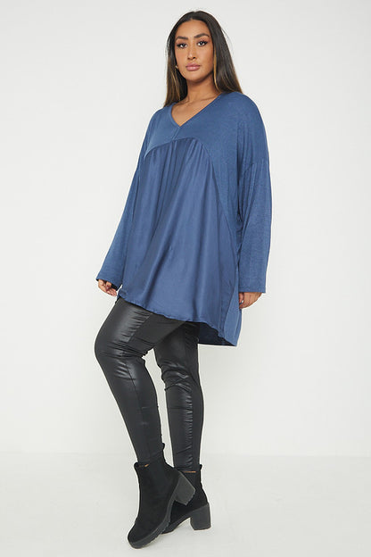 One Size V Neck Knitted Top With Satin Front