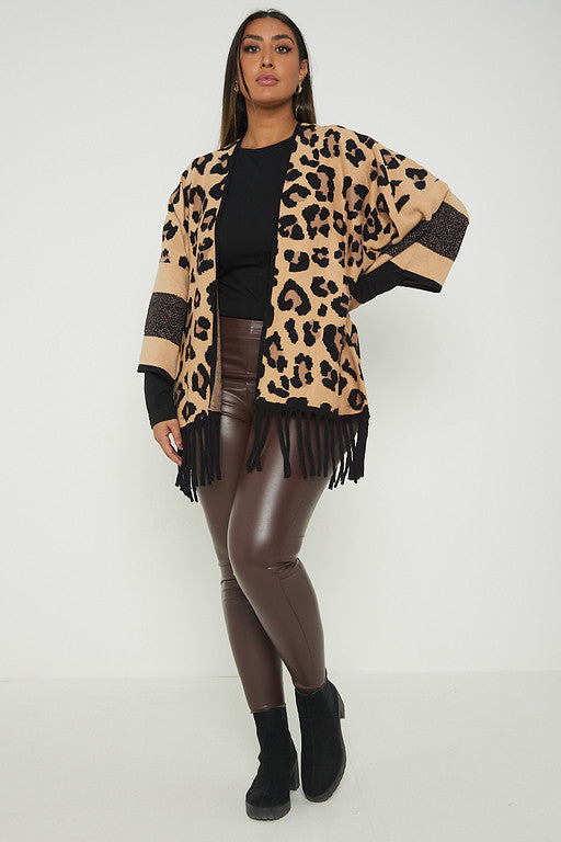 One Size Leopard Animal Print Fringe Poncho Cardigan