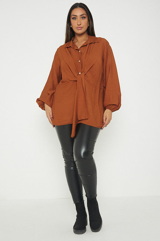 One Size Front Tie Cuffed Sleeve Shirt Top