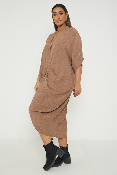 One Size V Neck Gathered Tunic Maxi Dress