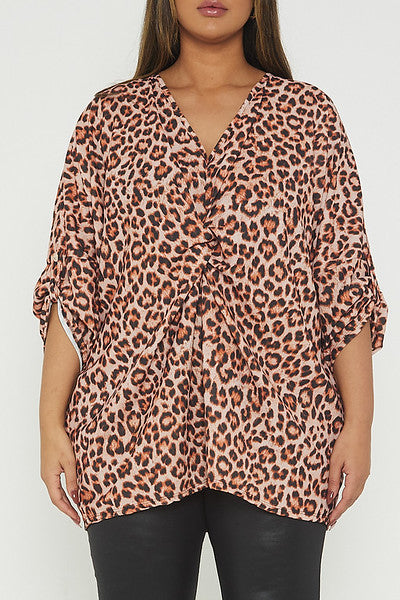 One Size Leopard Print Twist Front Turn Up Sleeve Blouse