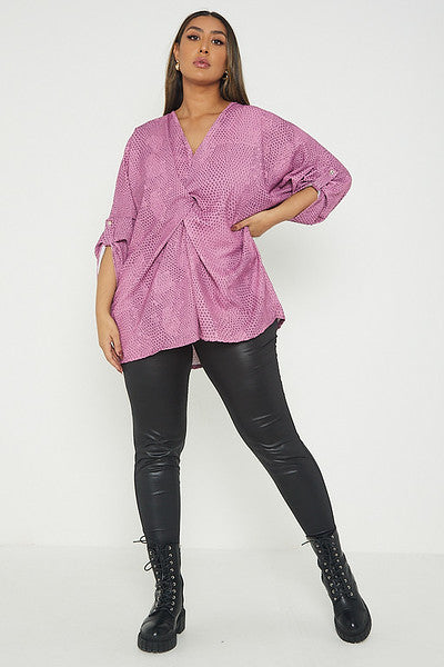 One Size Snake Print Twist Front Turn Up Sleeve Blouse