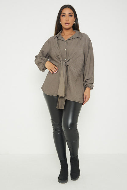One Size Front Tie Cuffed Sleeve Shirt Top