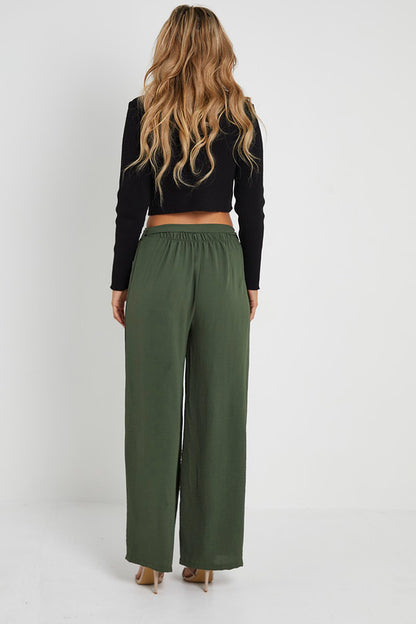 Elasticated Waist Belted Straight Flare Crepe Trousers