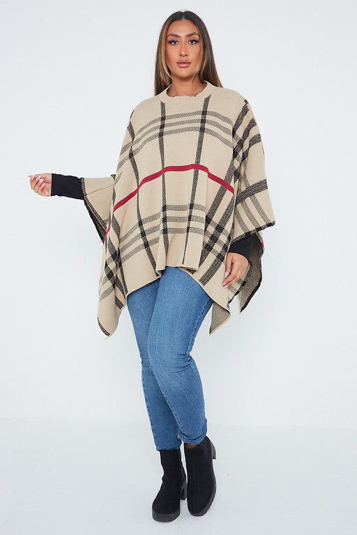 One Size Check Poncho Top