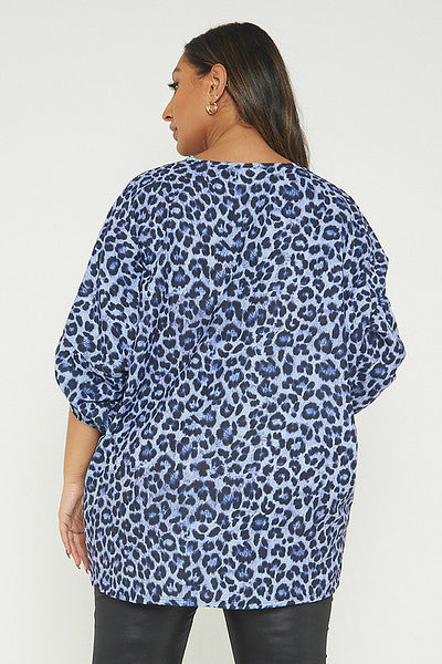 One Size Leopard Print Twist Front Turn Up Sleeve Blouse