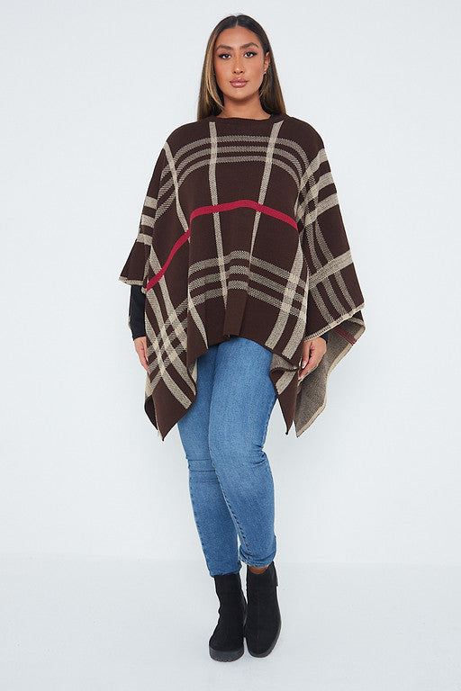One Size Check Poncho Top