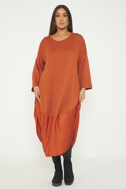 One Size Round Neck Knitted Jumper Dress With Satin Hem